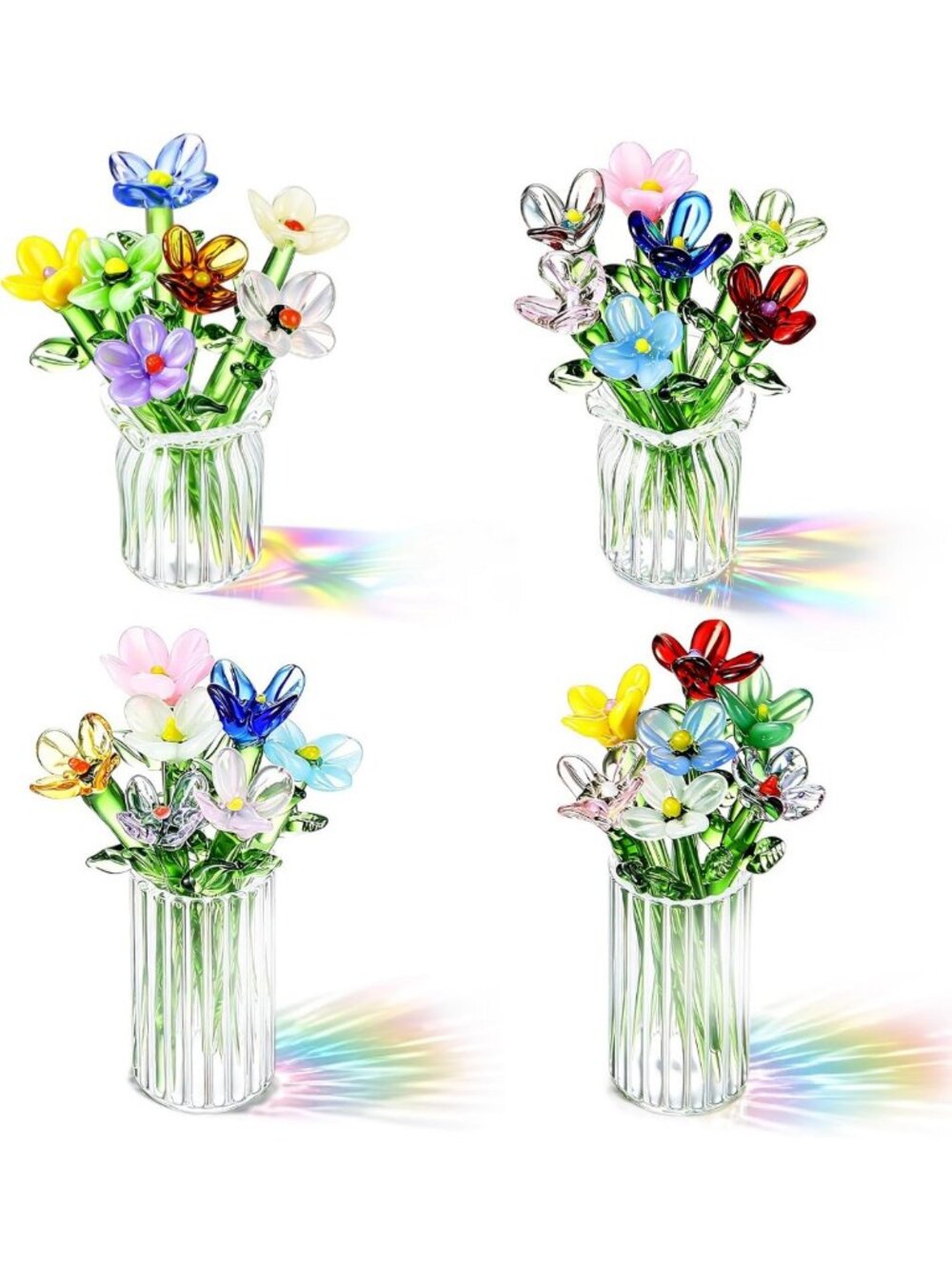 28 Mini Glass Flower Stems with 4 Vases - Elegant Crystal Bouquet Decor